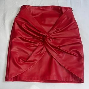High waisted knot leather feel red stretch mini skirt